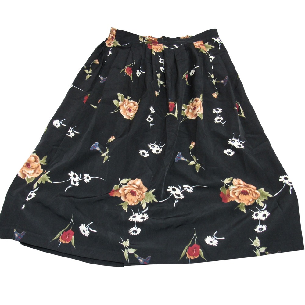 Maggie Lawrence Vintage Floral Midi Skirt Black Pleated Elastic Waist USA Made
